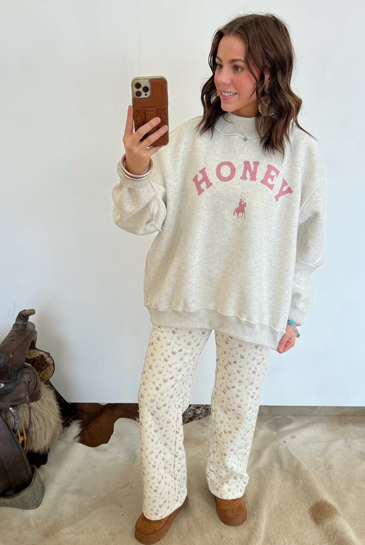 Honey Honey Floral Mock Neck Wide Leg Set