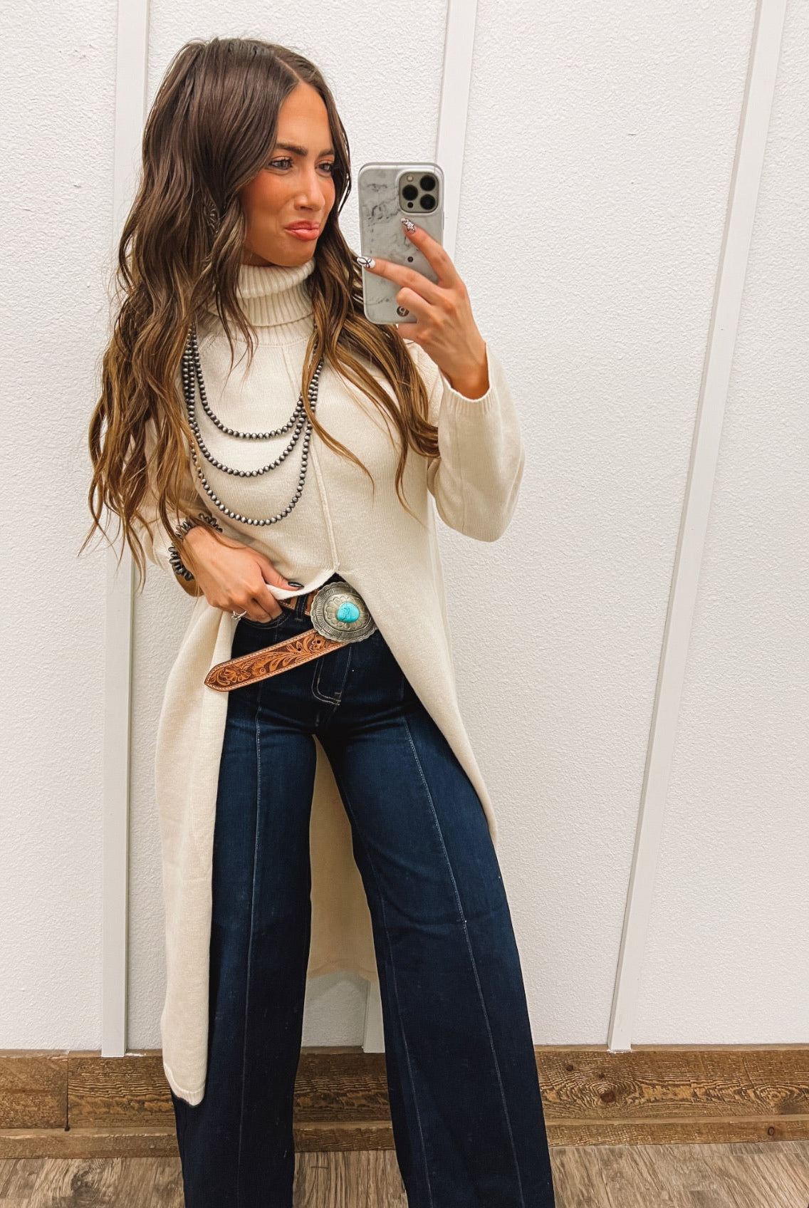 Turtle Neck Sweater Dress With Slit (Ecru) Tops - Sweaters