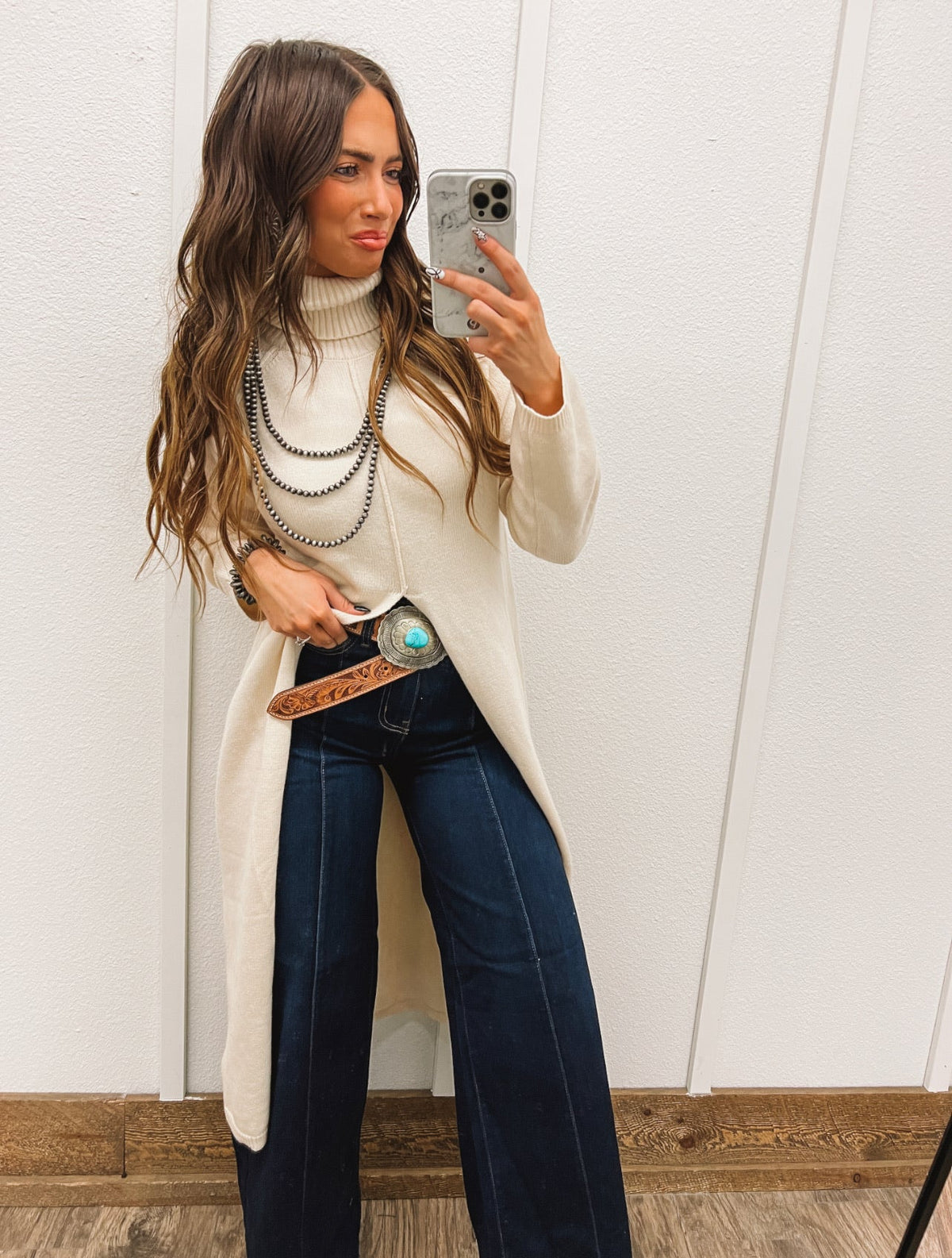 Turtle Neck Sweater Dress With Slit (Ecru) Tops - Sweaters