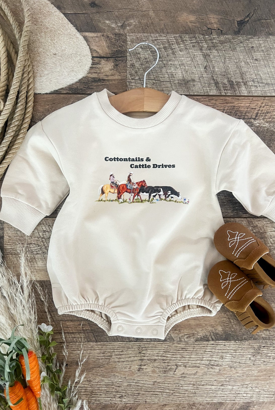 Cottontails & Cattle Drives Easter Bubble Romper front