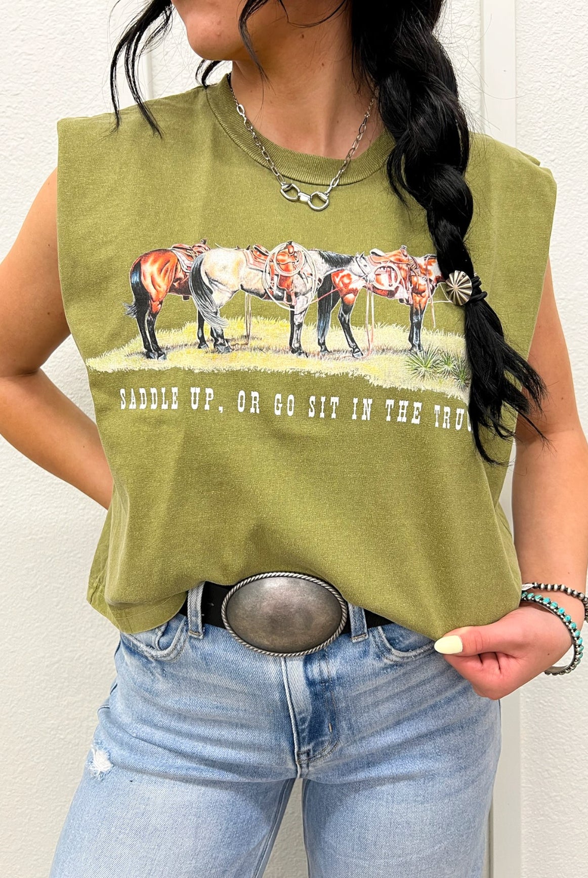 Saddle Up Or Go Sit In The Truck Muscle Tank(Adult)(Faded Army)
