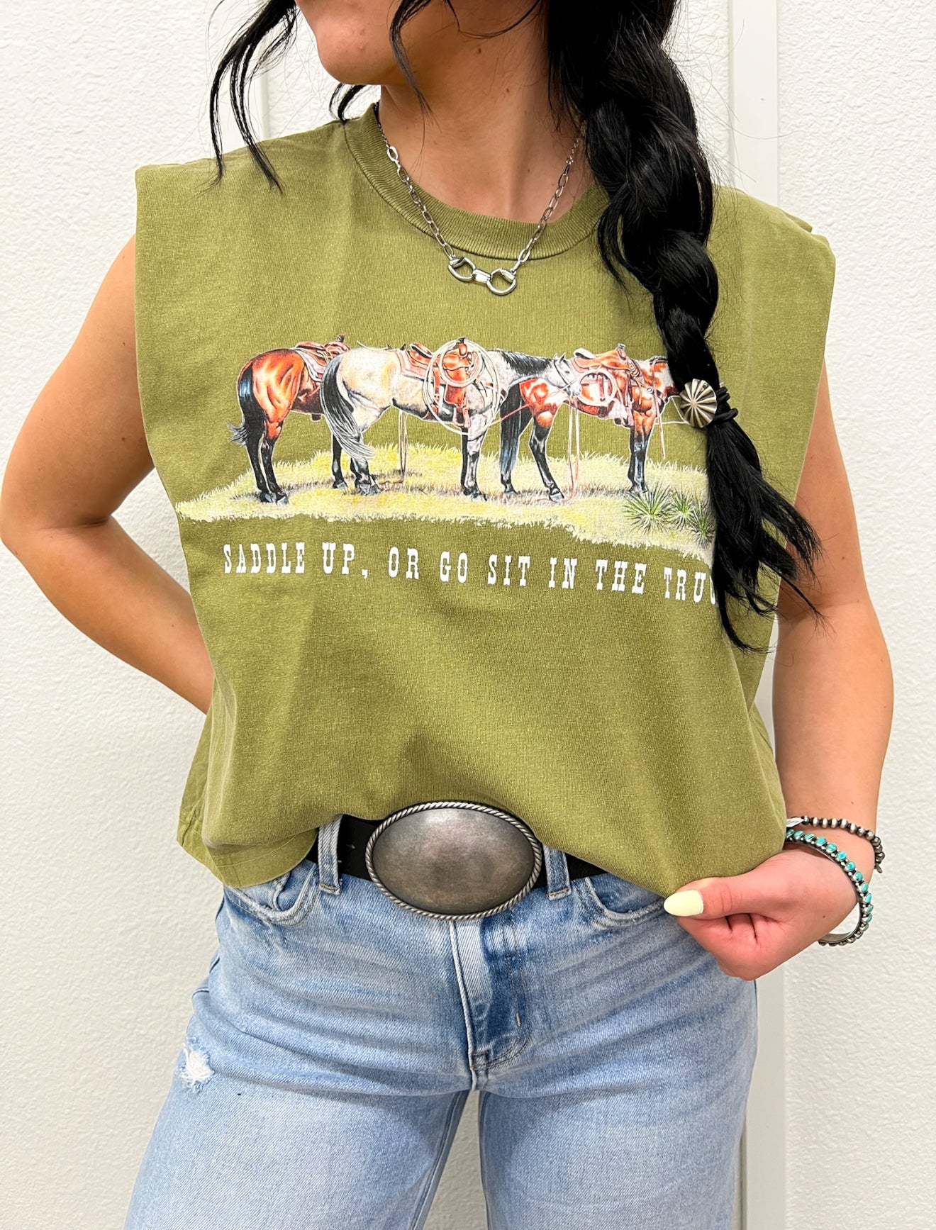 Saddle Up Or Go Sit In The Truck Muscle Tank(Adult)(Faded Army)
