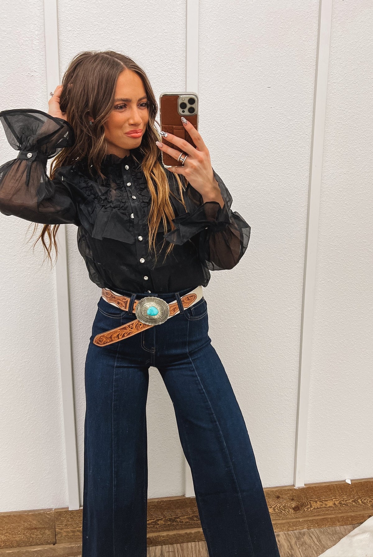 Ruffle & Rhinestone Blouse Tops -Blouses