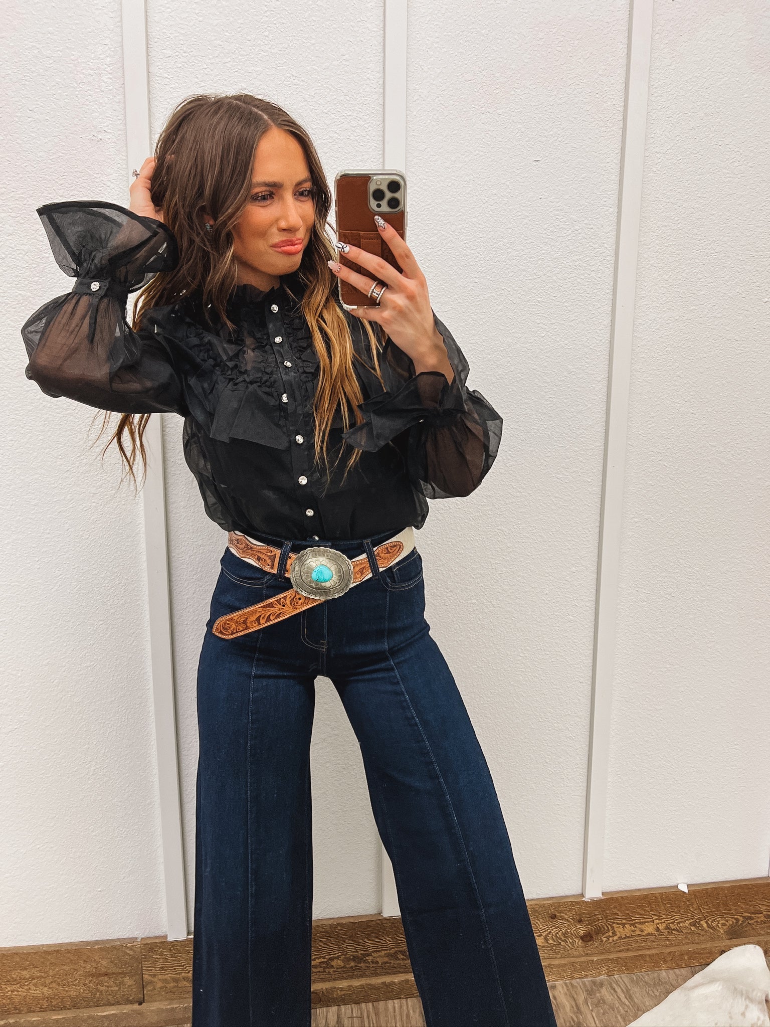 Ruffle & Rhinestone Blouse Tops -Blouses