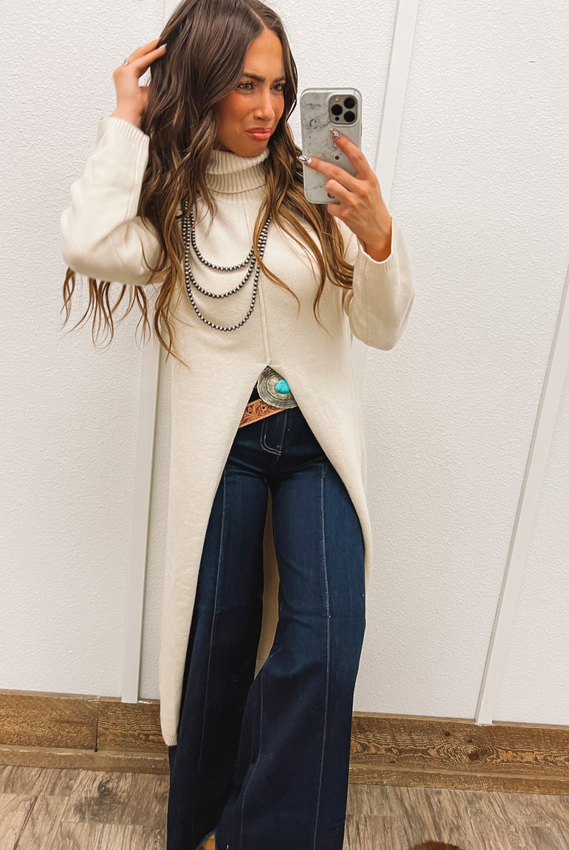 Turtle Neck Sweater Dress With Slit (Ecru) Tops - Sweaters
