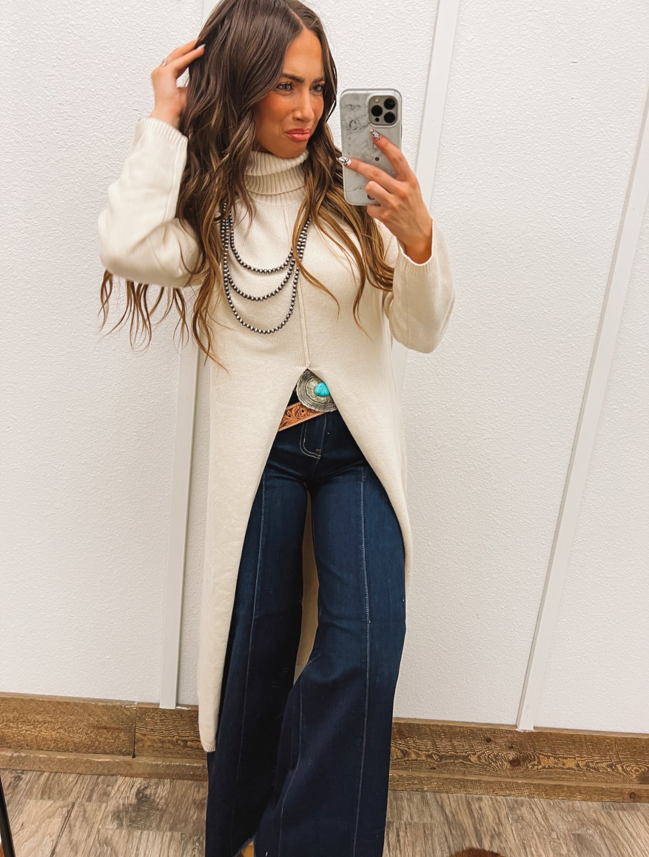 Turtle Neck Sweater Dress With Slit (Ecru) Tops - Sweaters
