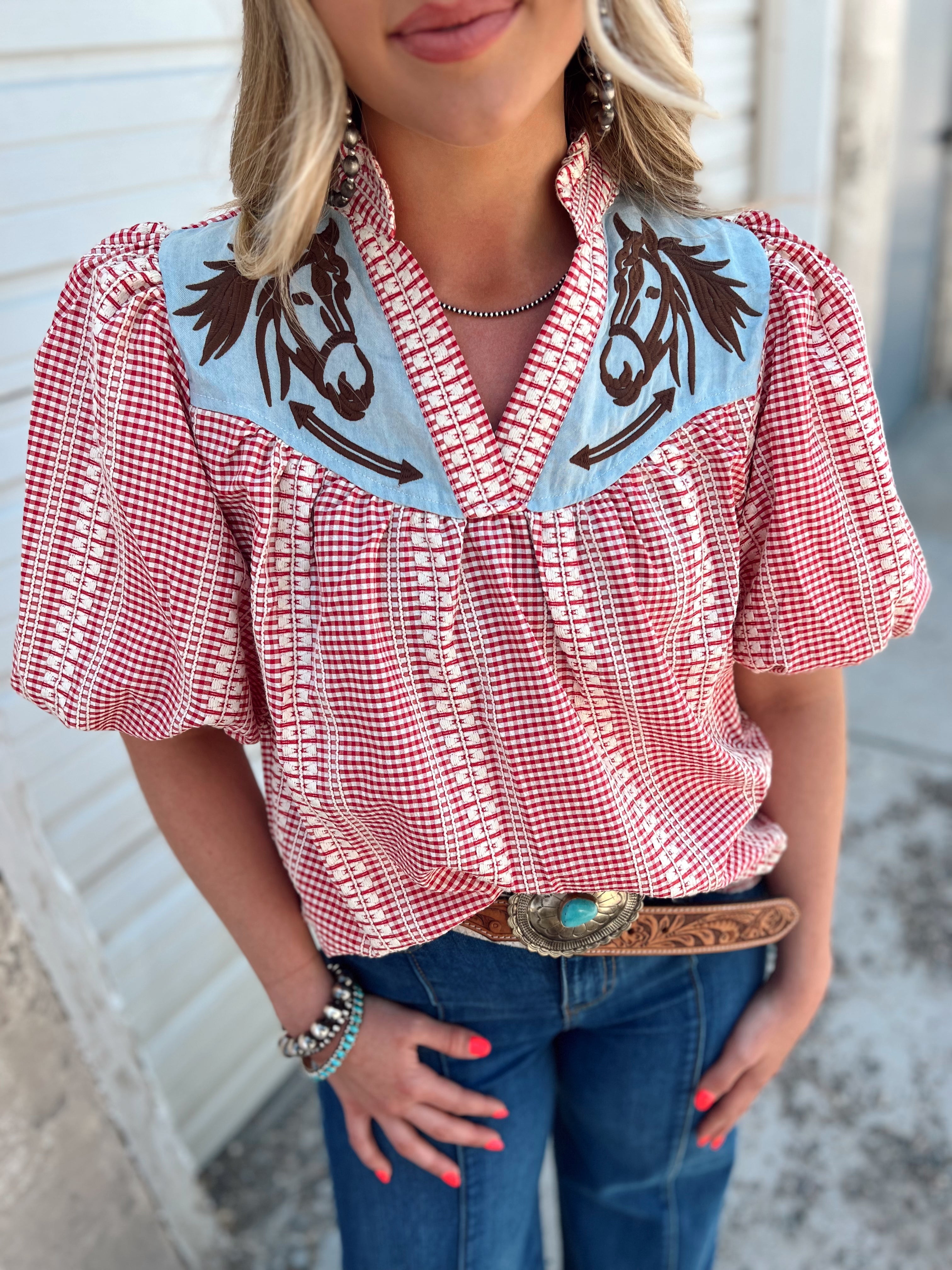 Prairie Horse Gingham Puff Sleeve Blouse (Red) Tops -Blouses
