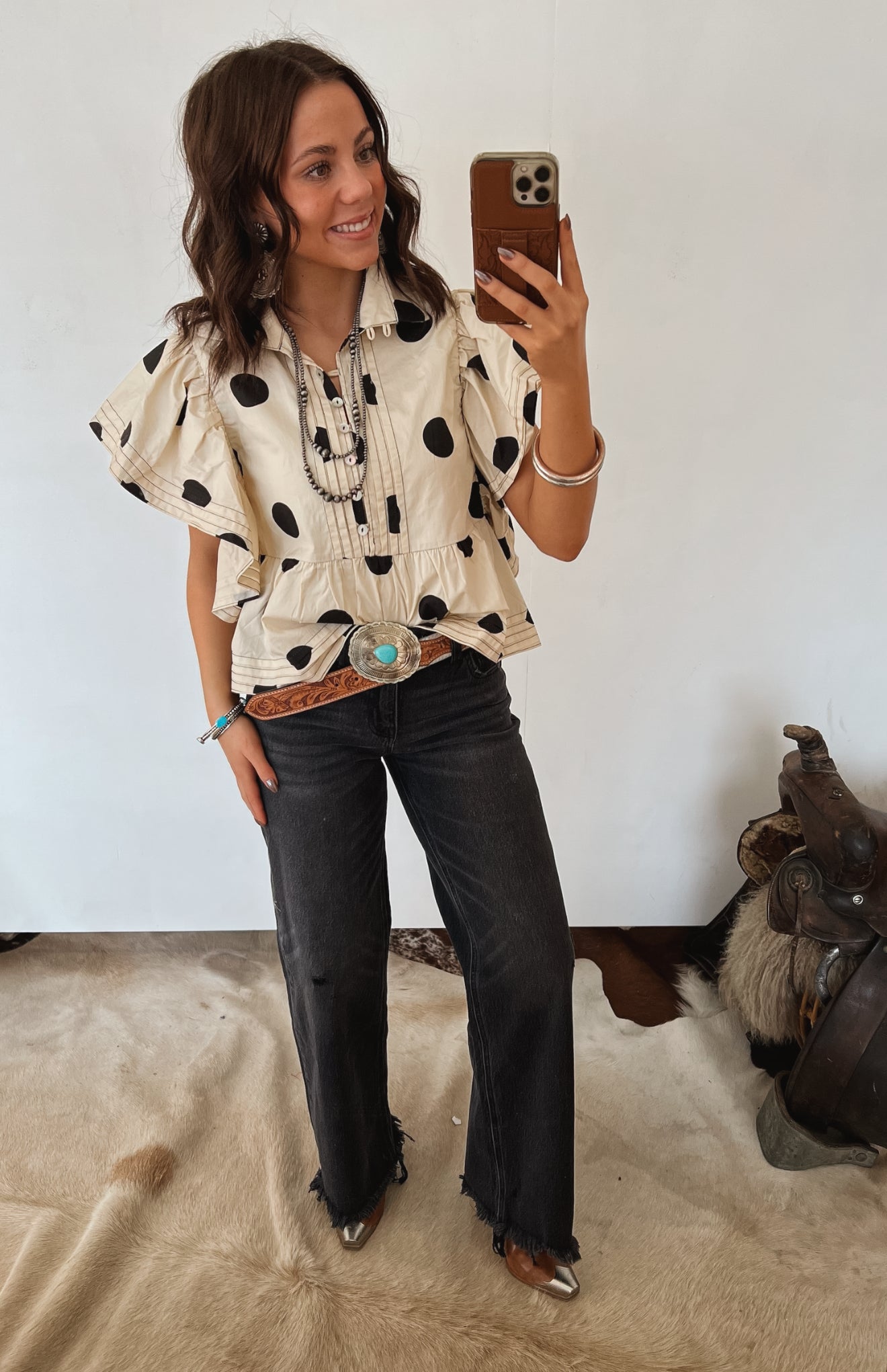 Polka Dot Ruffle Blouse Tops -Blouses