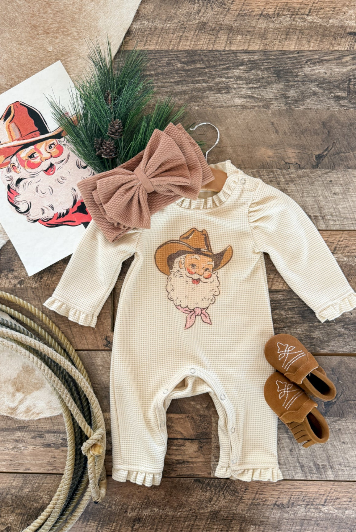 Pink Night Cowboy Santa Christmas Graphic Design Waffle Romper(cream)