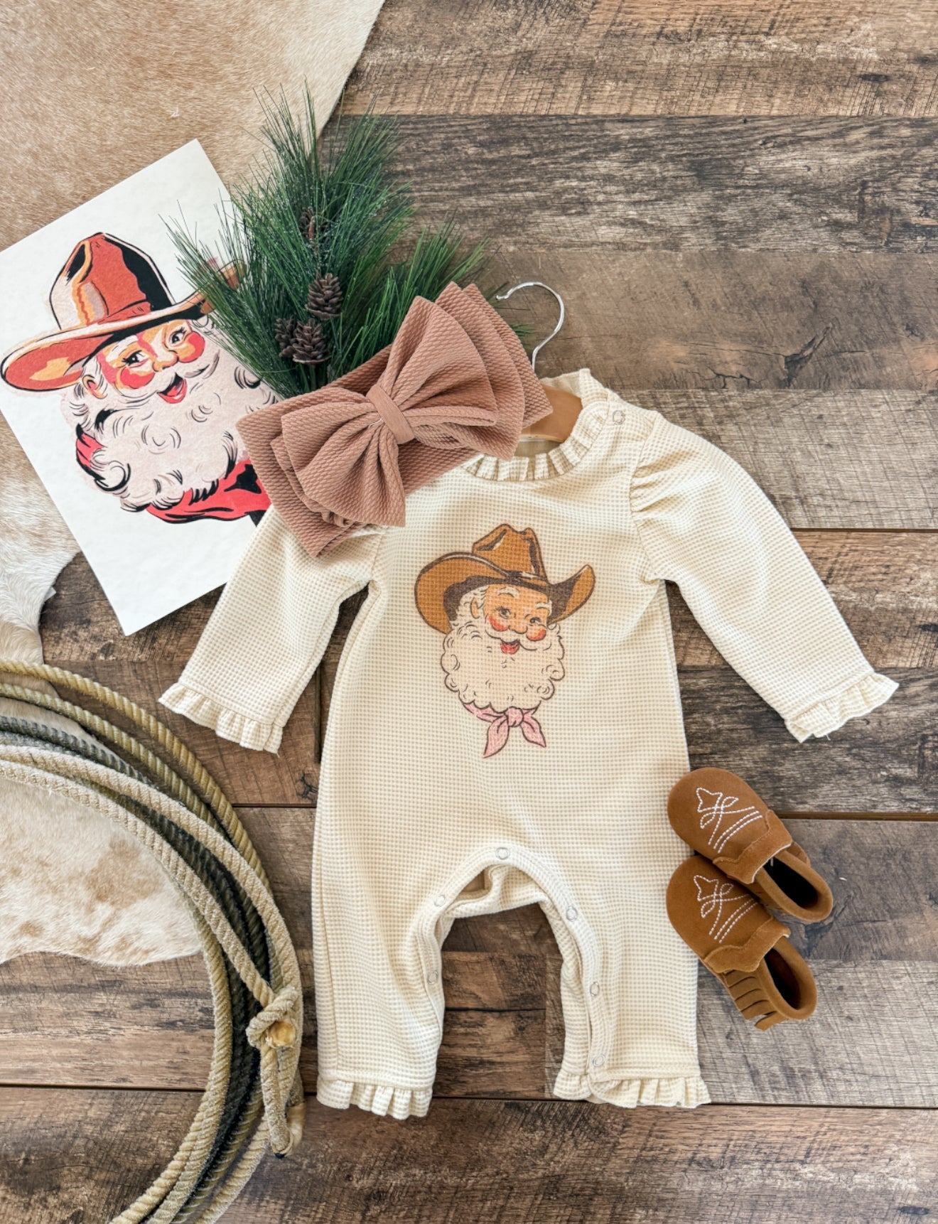 Pink Night Cowboy Santa Christmas Graphic Design Waffle Romper(cream)