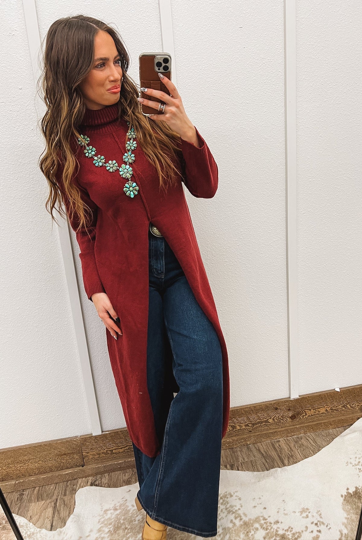 Turtle Neck Sweater Dress With Slit (Burgundy) Tops - Sweaters