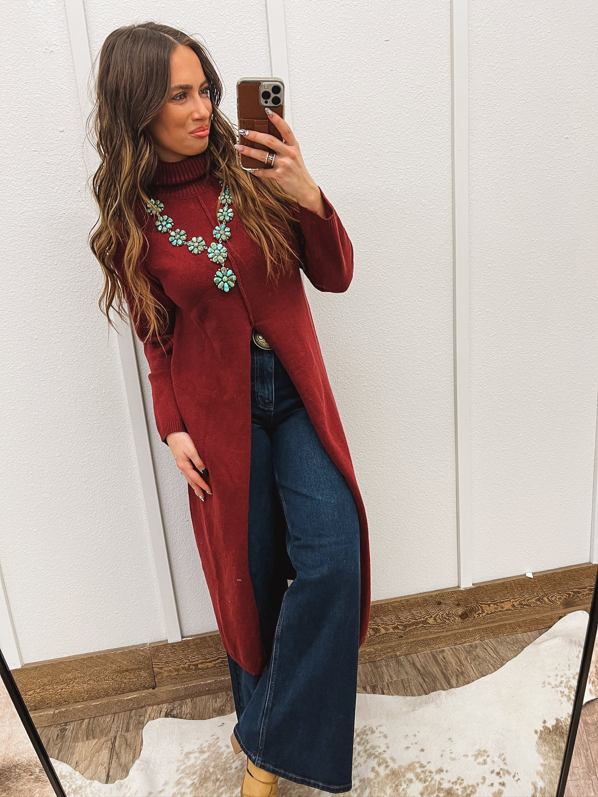 Turtle Neck Sweater Dress With Slit (Burgundy) Tops - Sweaters