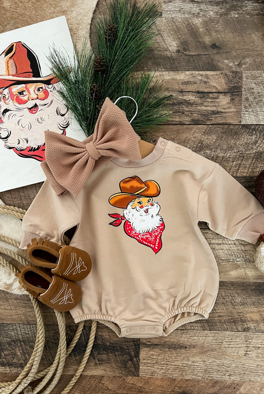 Cattleman Santa Bubble Romper (Tan)
