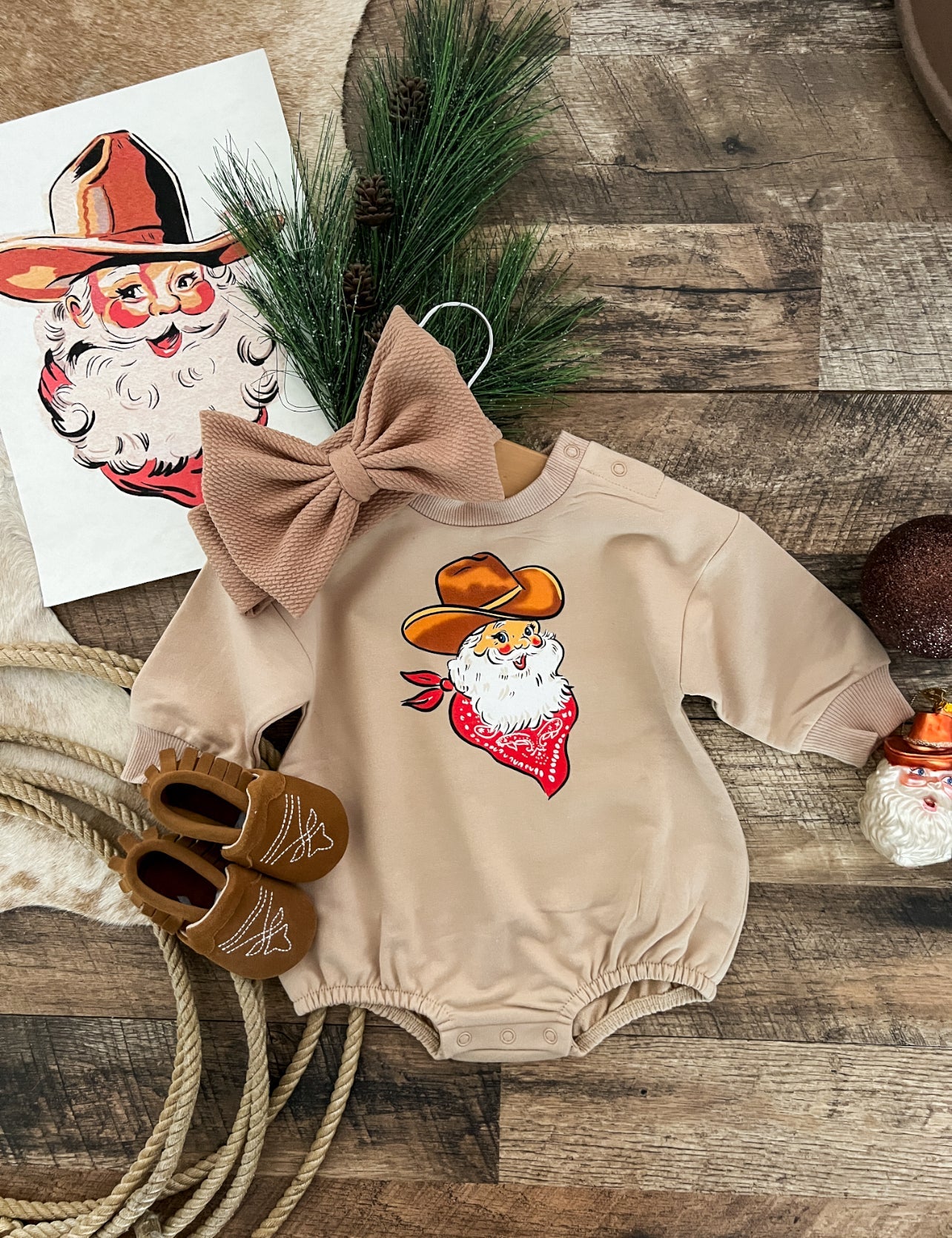 Cattleman Santa Bubble Romper (Tan)