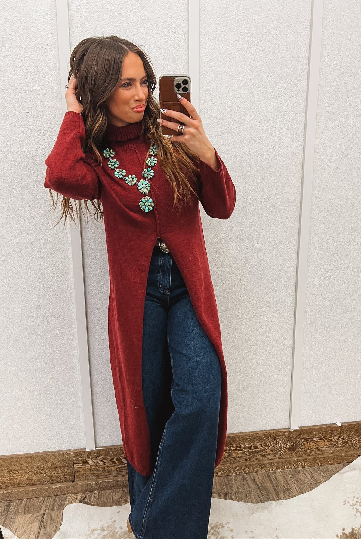 Turtle Neck Sweater Dress With Slit (Burgundy) Tops - Sweaters