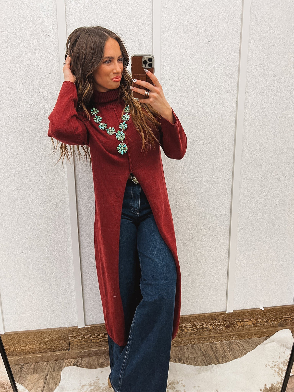 Turtle Neck Sweater Dress With Slit (Burgundy) Tops - Sweaters