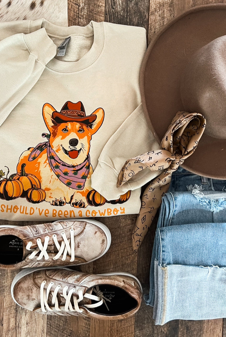 Corgi Western Halloween Graphic Design Tee or Sweatshirt (Sand)