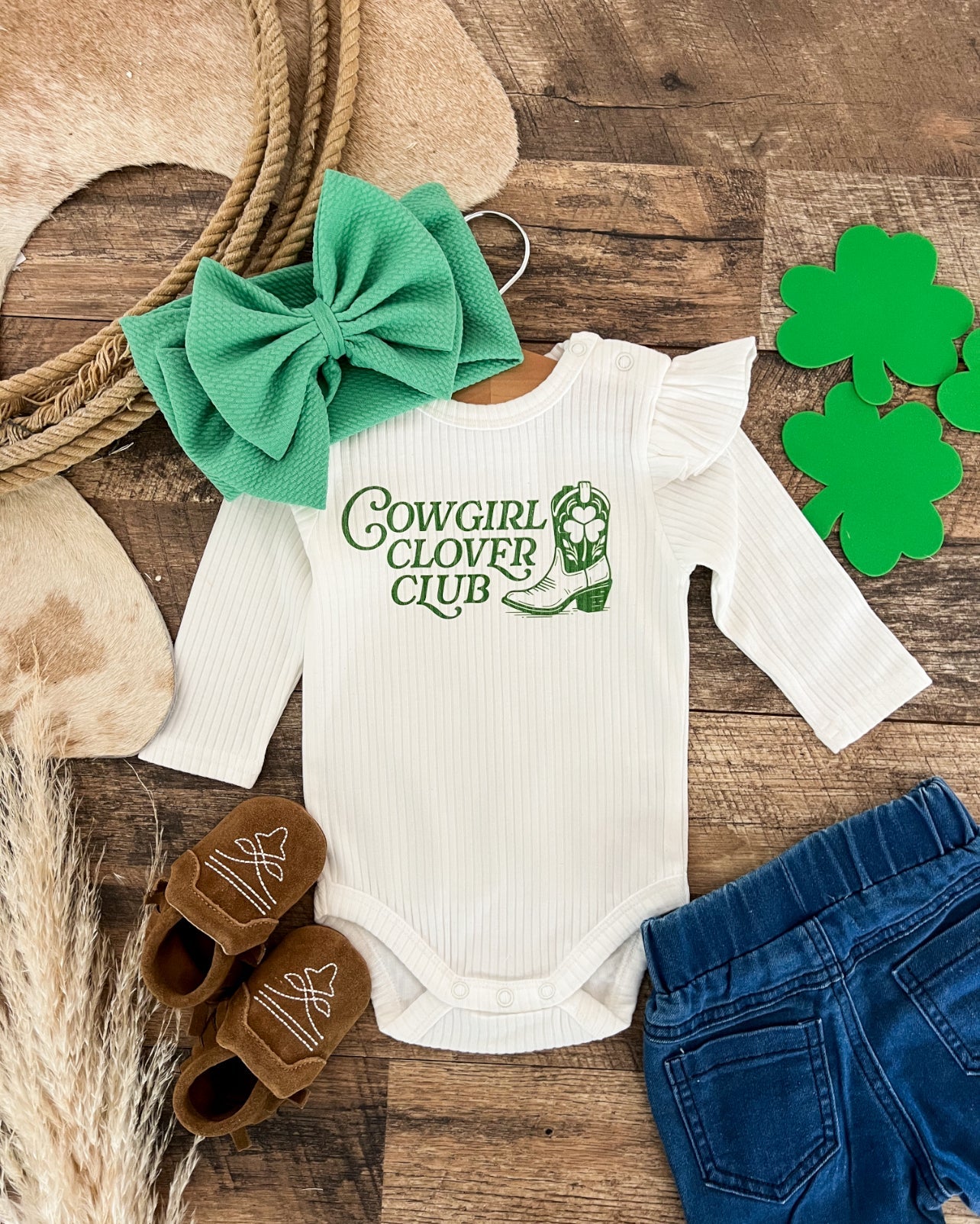 Cowgirl Clover Club Ribbed Ruffle Onesie