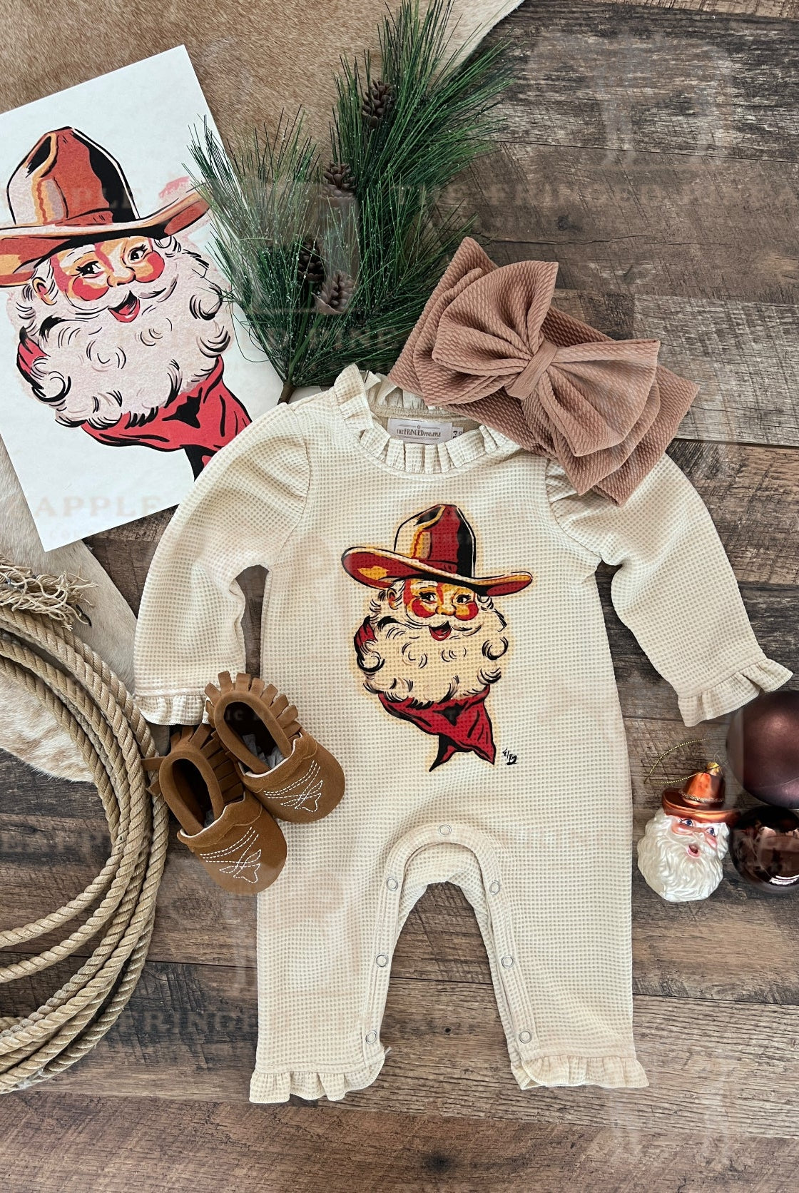 Cowboy Santa Christmas Graphic Design Waffle Romper(cream)
