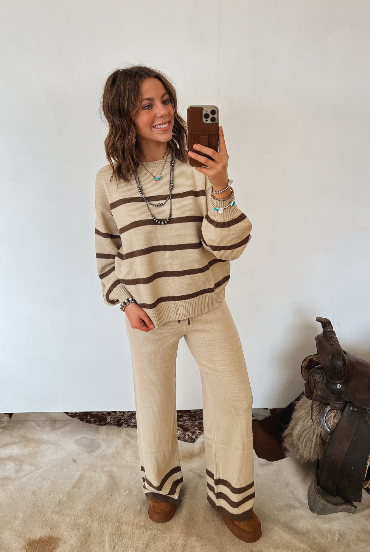 Home On The Range Stripped Lounge Set Tops - Sweaters