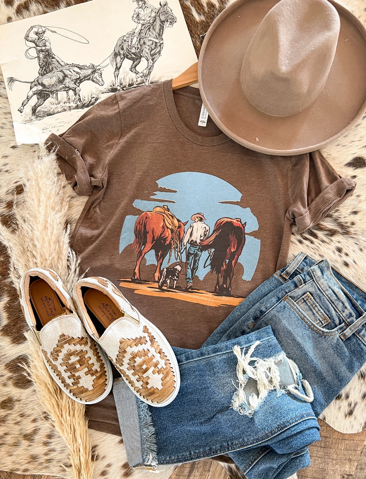 Walking Cowboy Tee (heathered mocha)(Fringed exclusive)