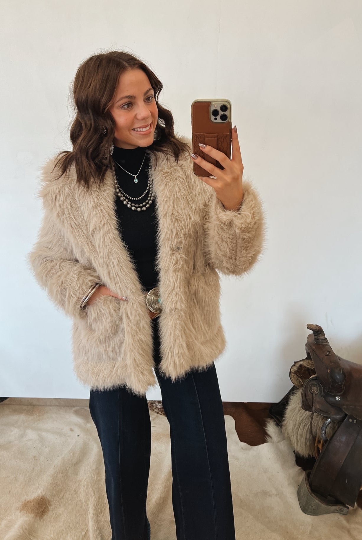 Beth Faux Fur Coat (Taupe) Tops - Outwear