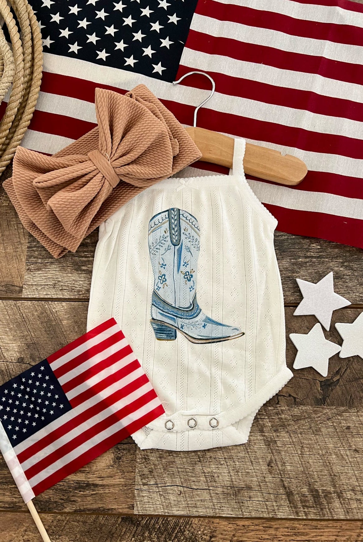 Blue Boot – White Infant Pointelle Onesie/Toddler Tank