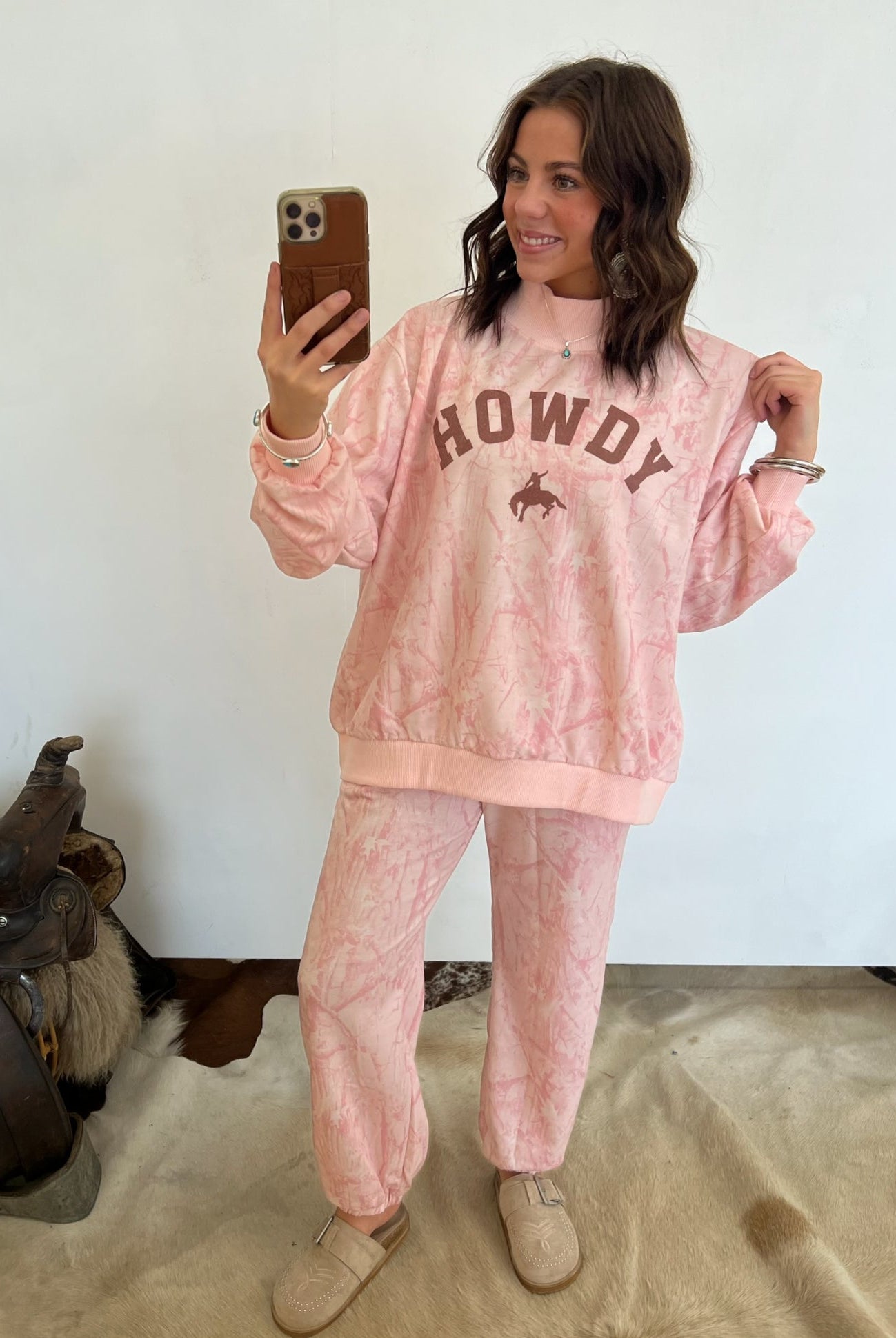 Howdy Western Oversized Mock Neck Set (Pink Camo)