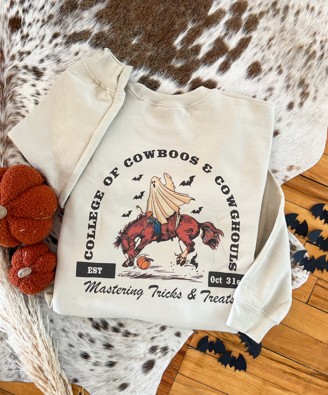 College of Cowboos Halloween Graphic Design Tee or Sweatshirt (Sand)