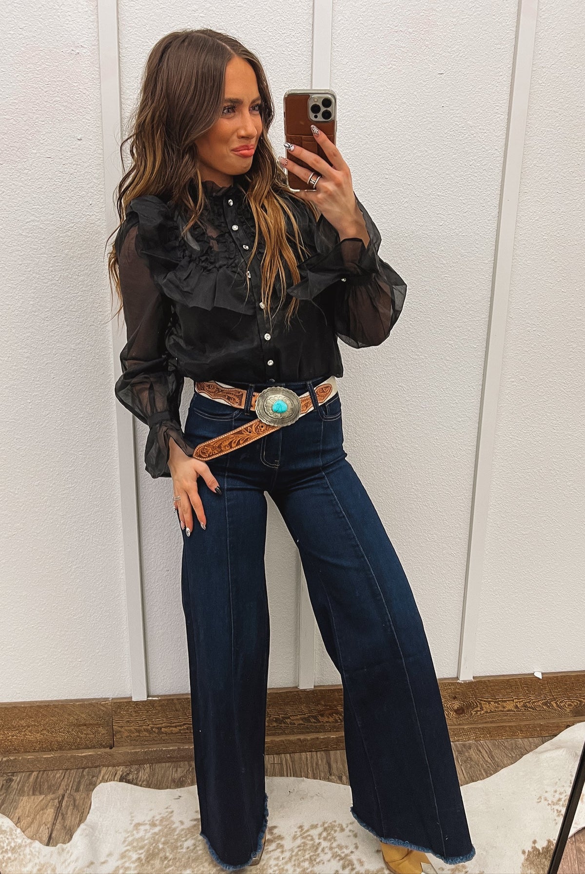 Ruffle & Rhinestone Blouse Tops -Blouses