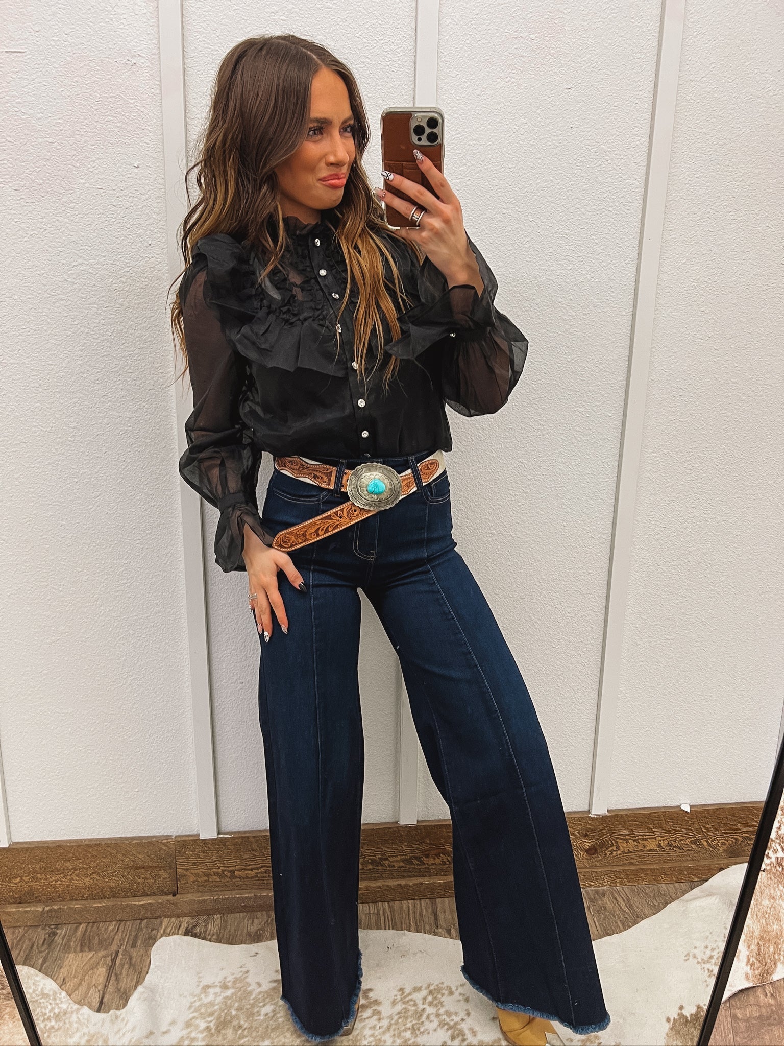 Ruffle & Rhinestone Blouse Tops -Blouses