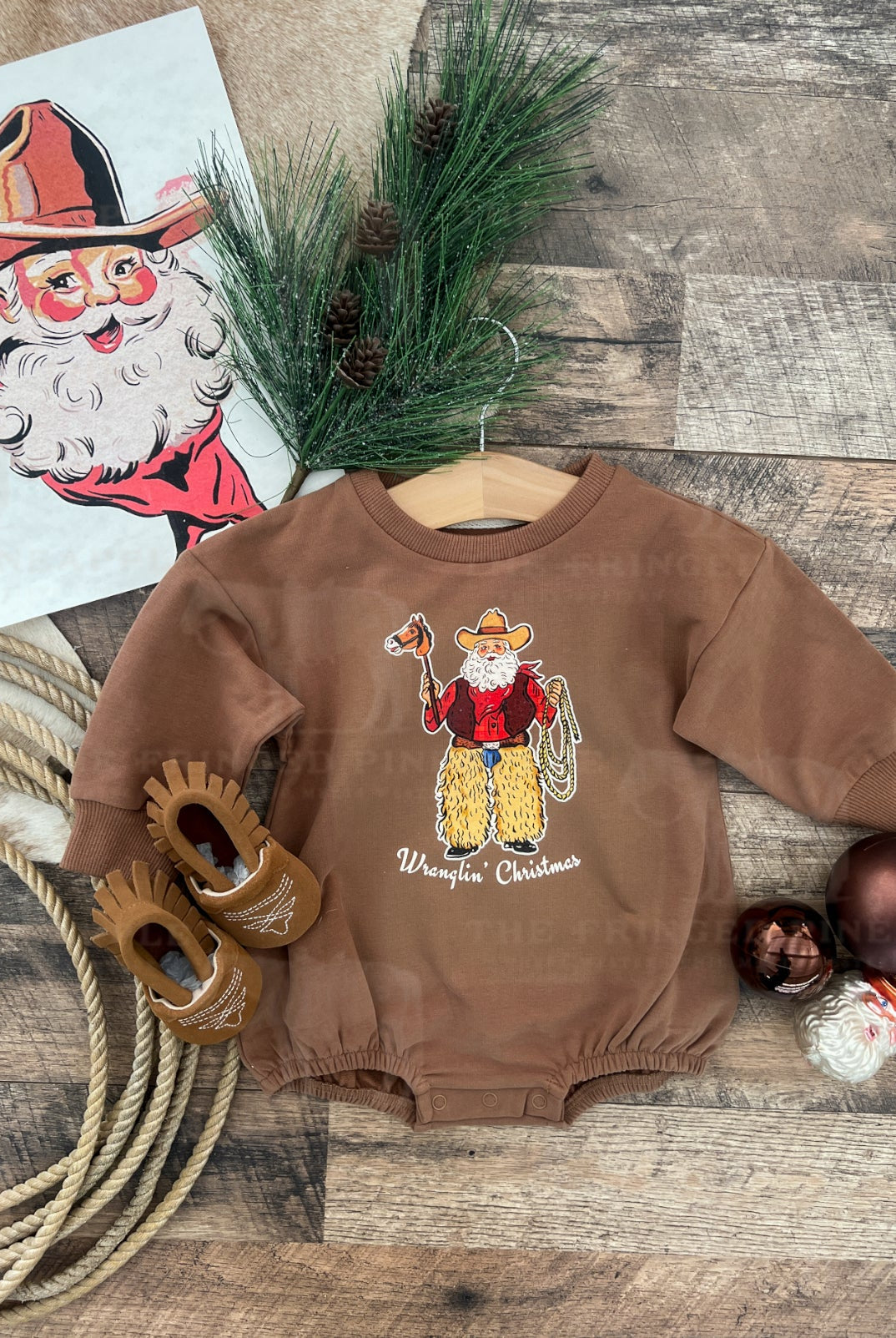 Wranglin’ Christmas Santa Bubble Romper (cognac)