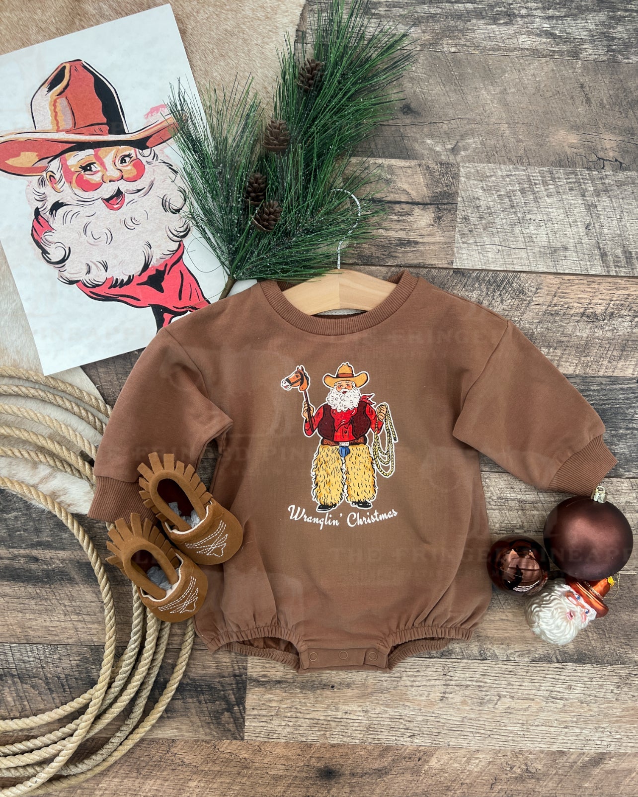 Wranglin’ Christmas Santa Bubble Romper (cognac)