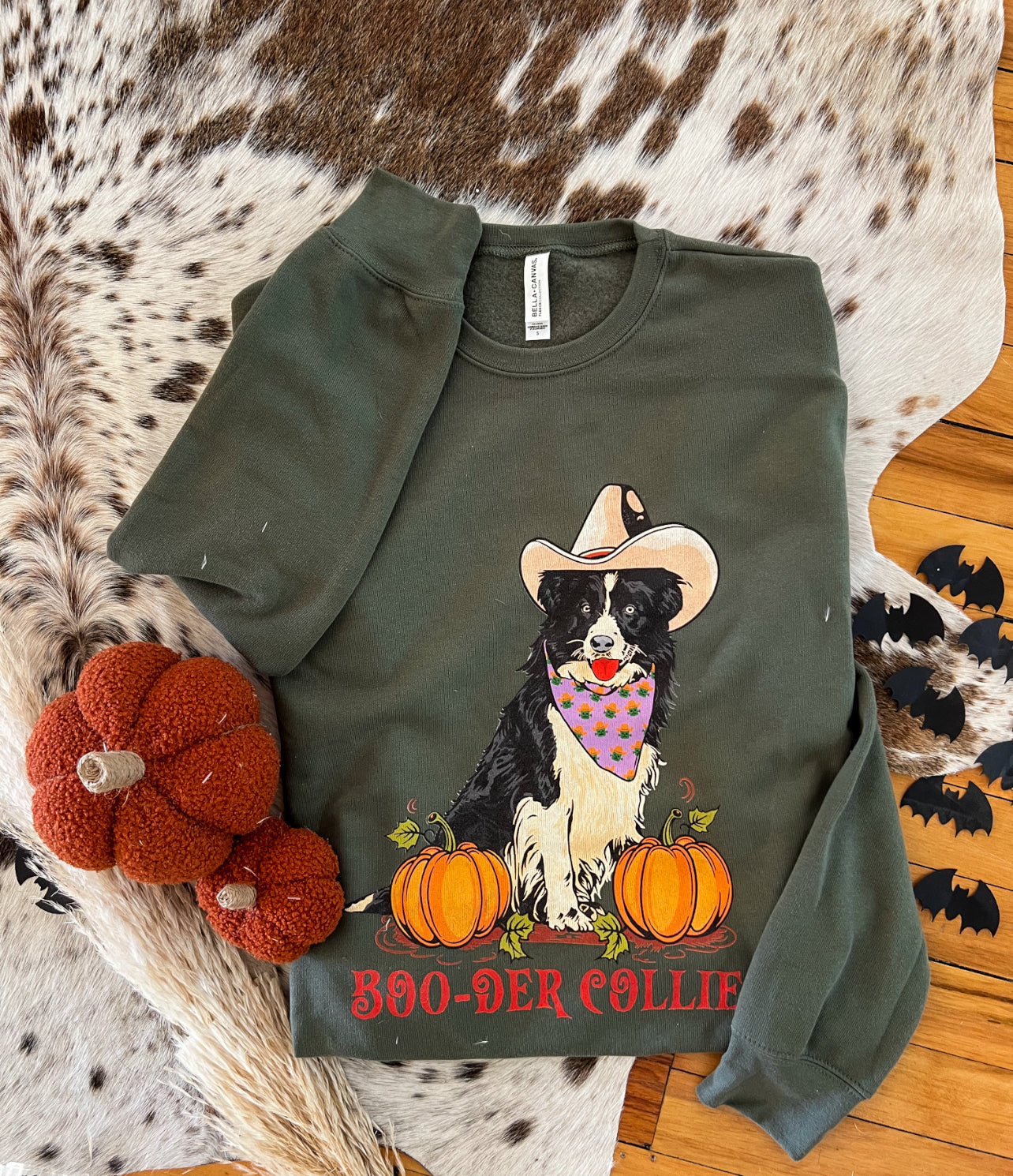 Boo-der Border Collie Western Halloween Graphic Design Tee or Sweatshirt (Green)