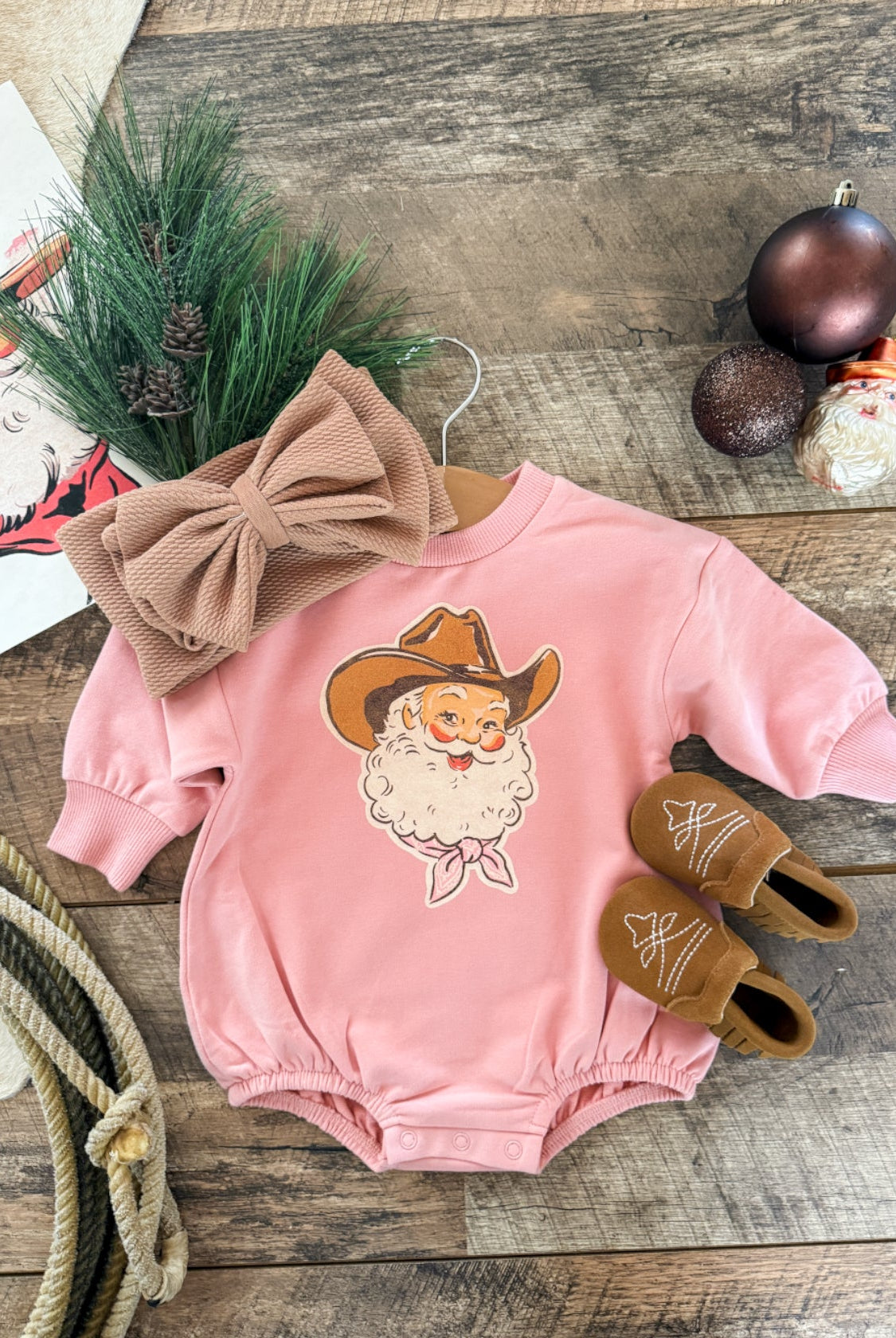 Pink Night Cowboy Santa Christmas Bubble Romper (blush pink)