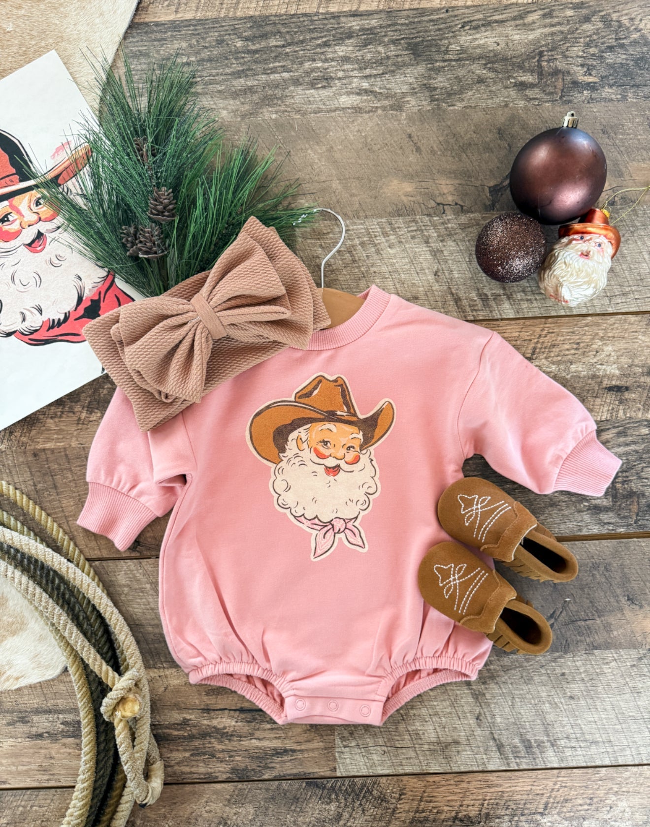 Pink Night Cowboy Santa Christmas Bubble Romper (blush pink)