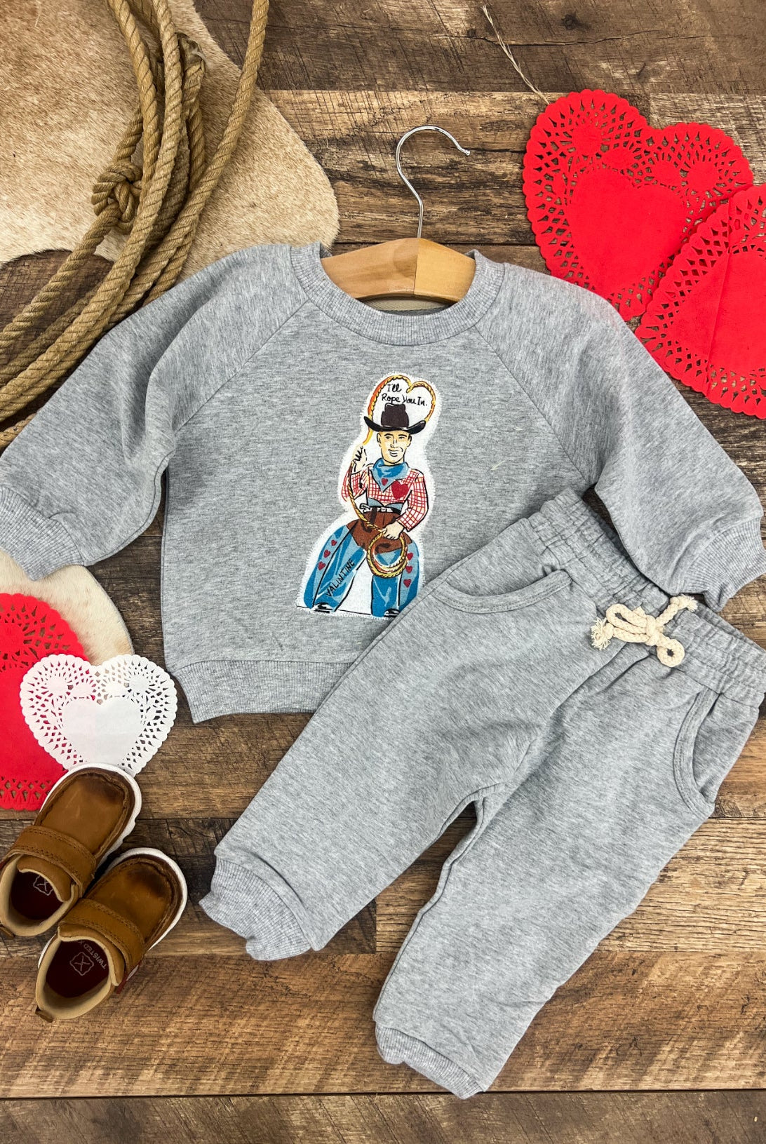 Ill Rope You in Valentines Lounge Set(Infant/Toddler)(Grey)