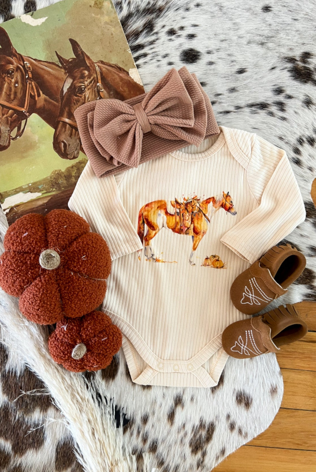 Western Fall Paint Horse Graphic Design Longsleeve RIbbed Onesie (cream)