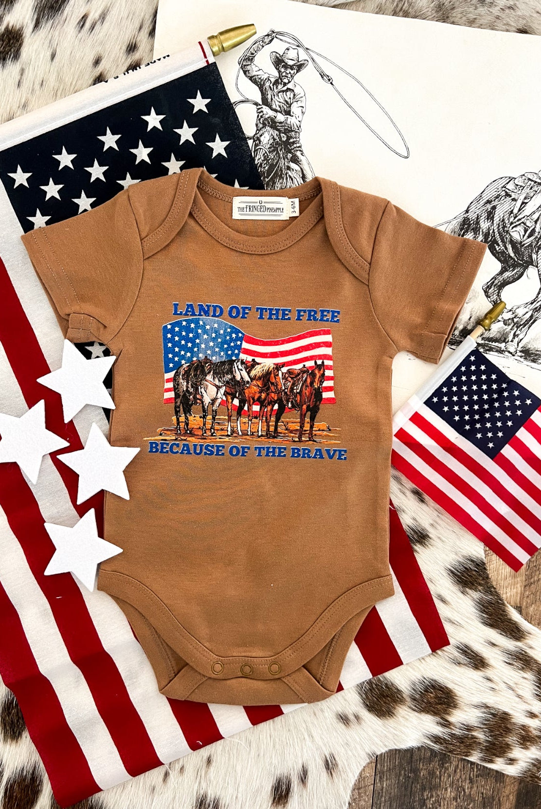 Western 4th Of July-USA Horses Land Of The Free (Infant/Toddler/Youth)(Cognac)