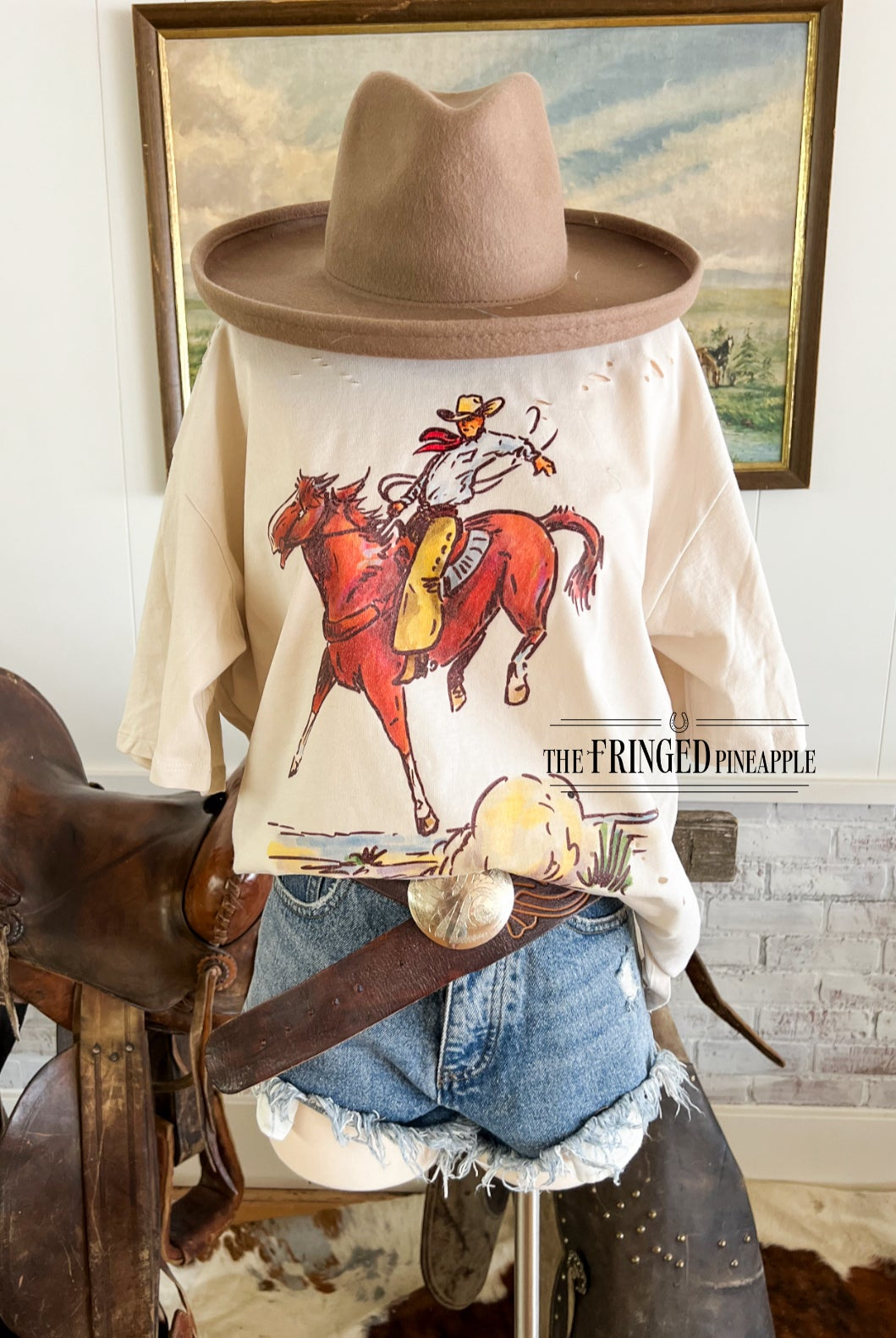 Cody Horse Distressed Tee (Adult)(Taupe)