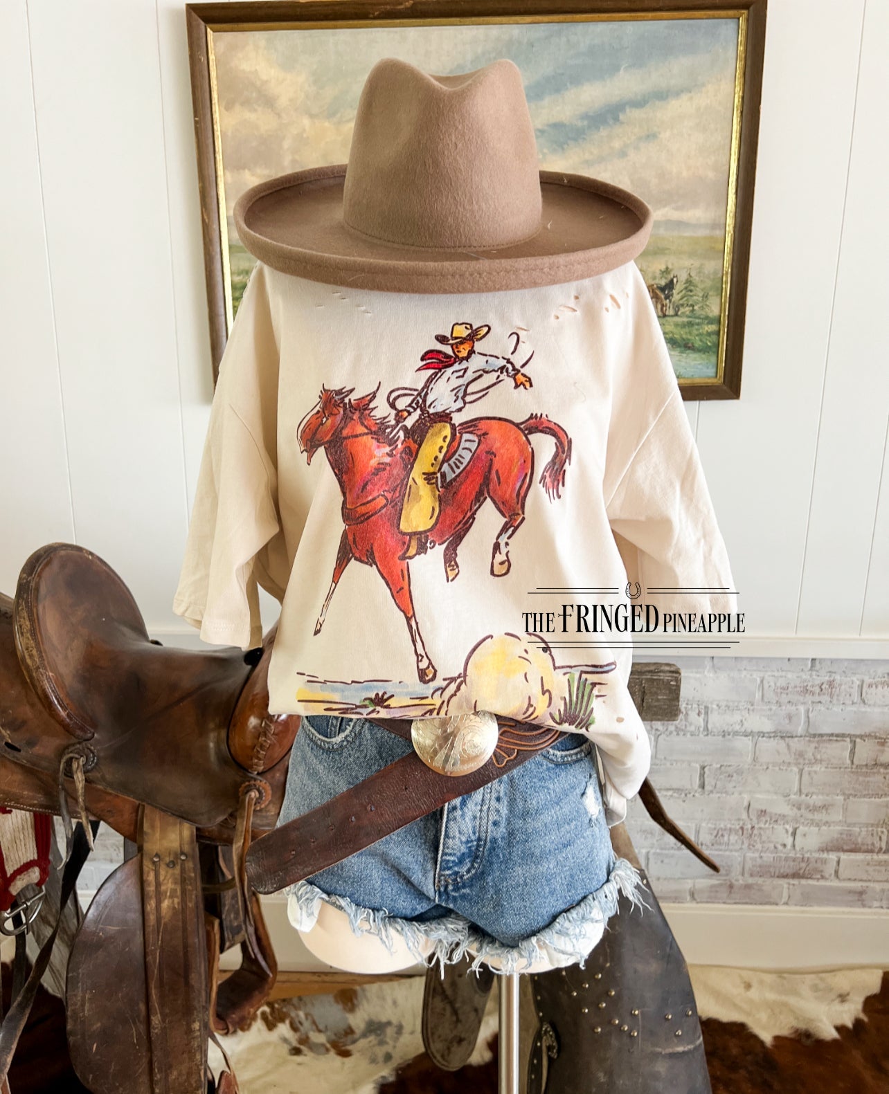 Cody Horse Distressed Tee (Adult)(Taupe)