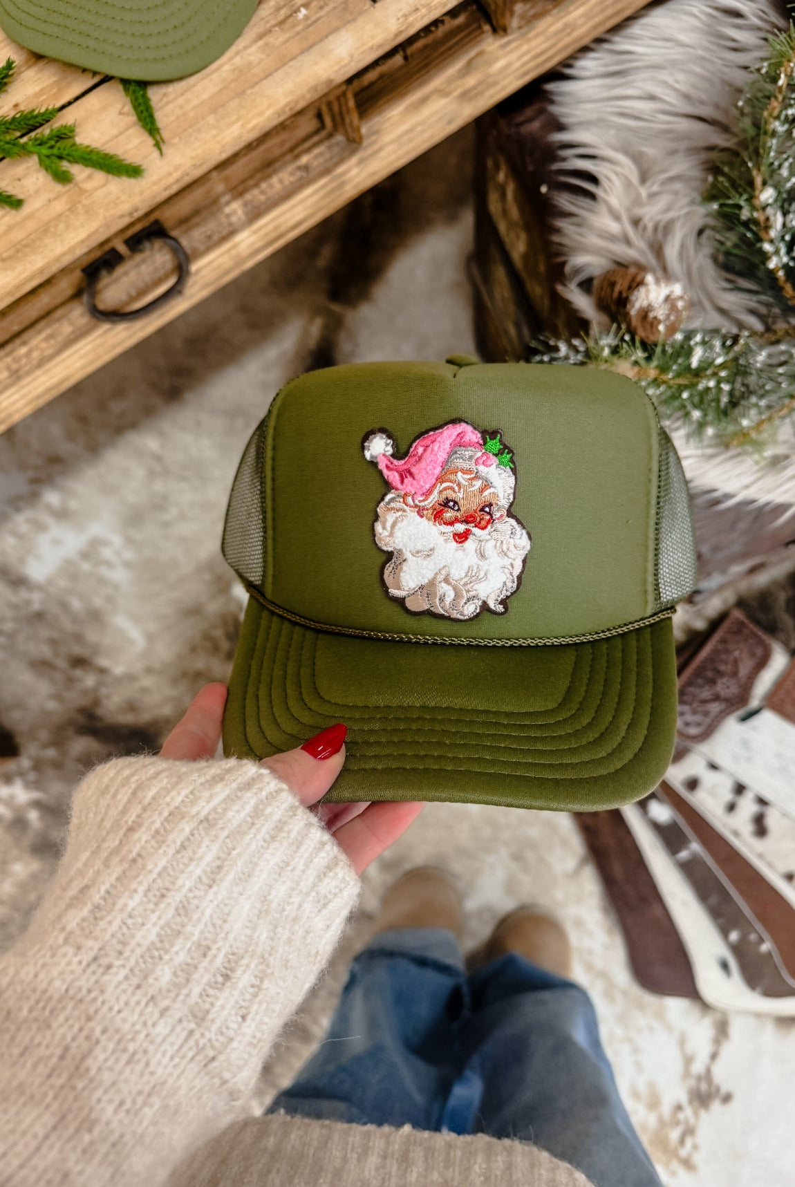 Chenille Jolly Santa Patch Trucker Hat (Olive)