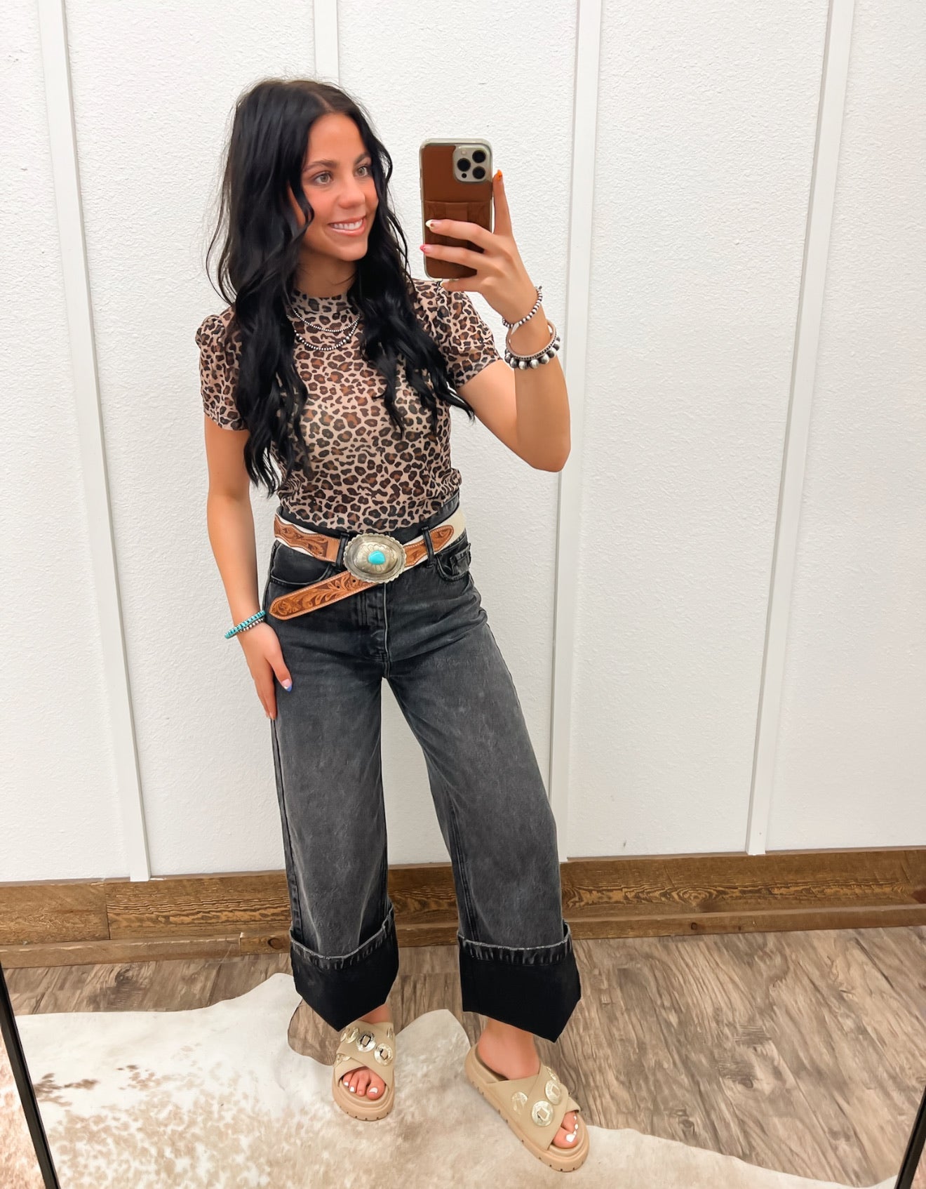 Leopard Puff Sleeve Mesh Top