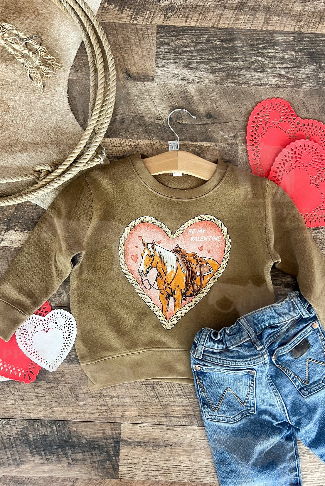 Heart Horse Valentines Sweatshirt(Infant/Toddler)(Cognac/Coyote)