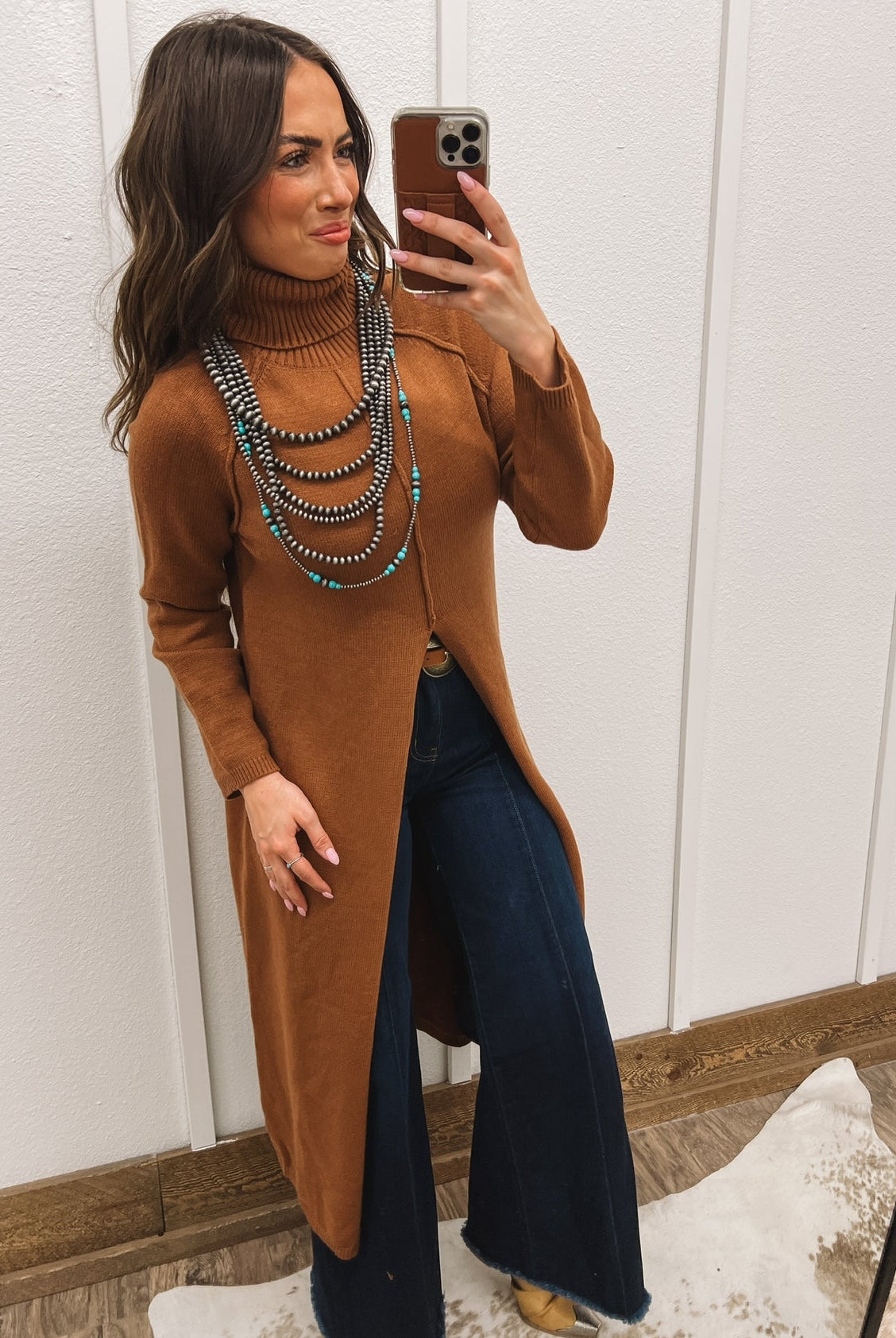 Turtle Neck Sweater Dress With Slit (Camel) Tops - Sweaters