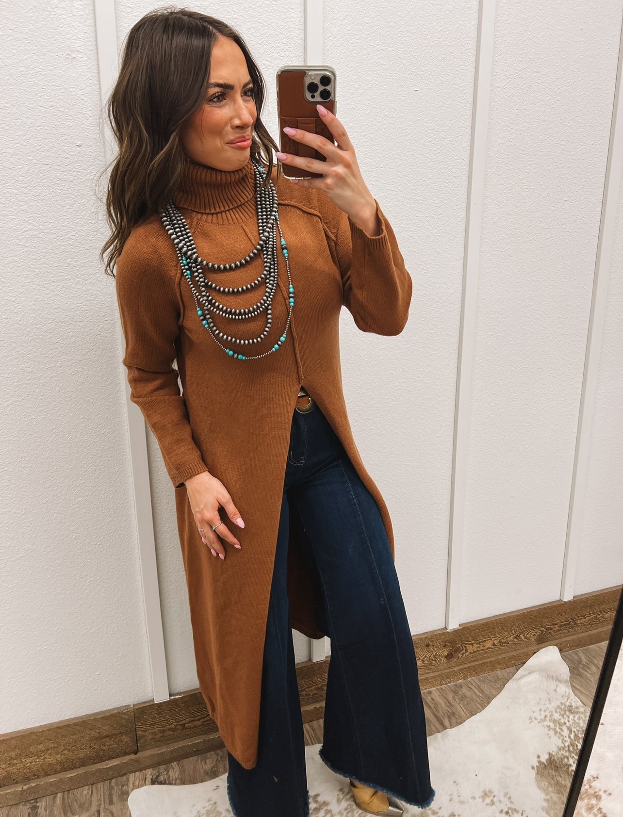 Turtle Neck Sweater Dress With Slit (Camel) Tops - Sweaters