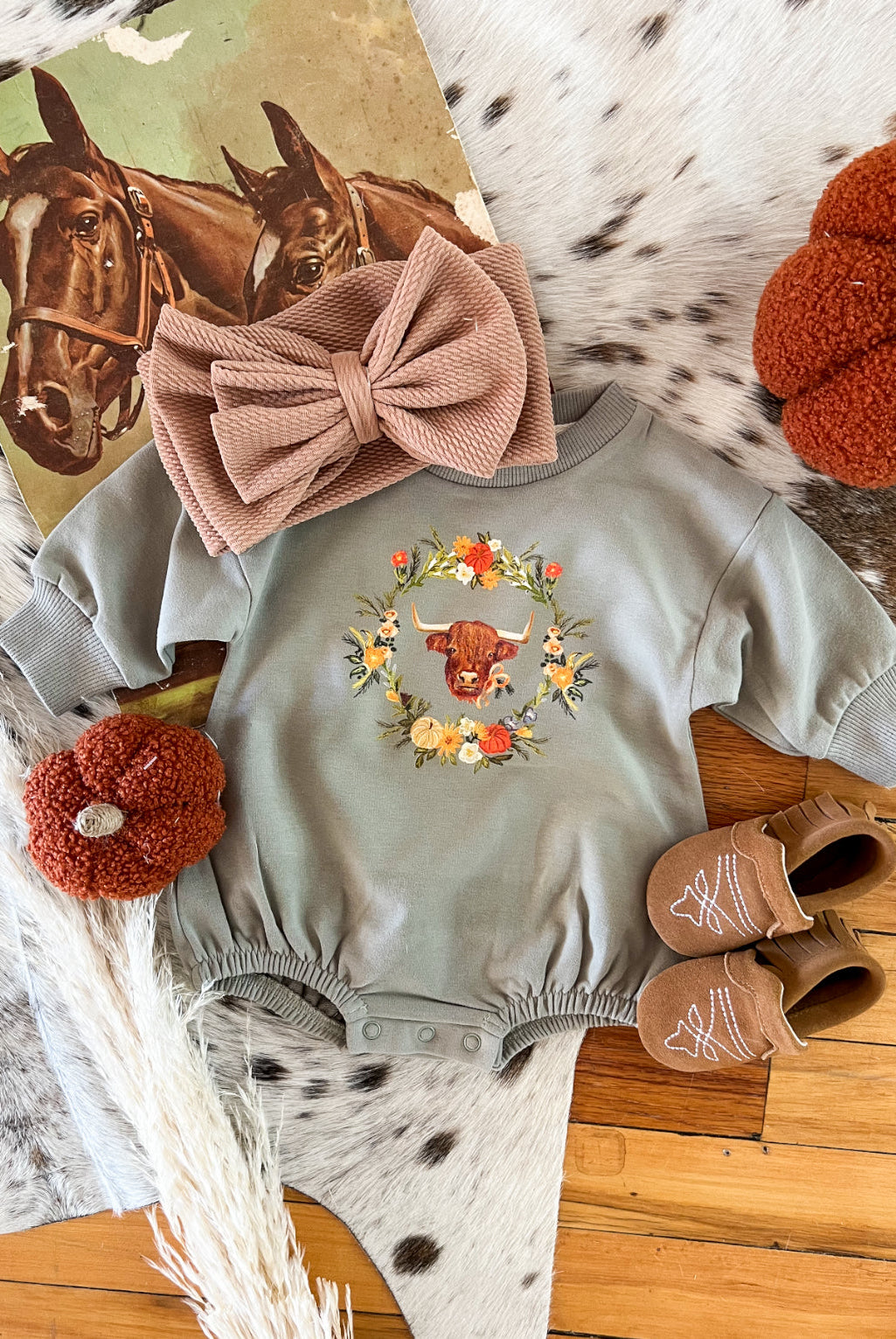 Western Floral Highland Fall Bubble Romper (green)
