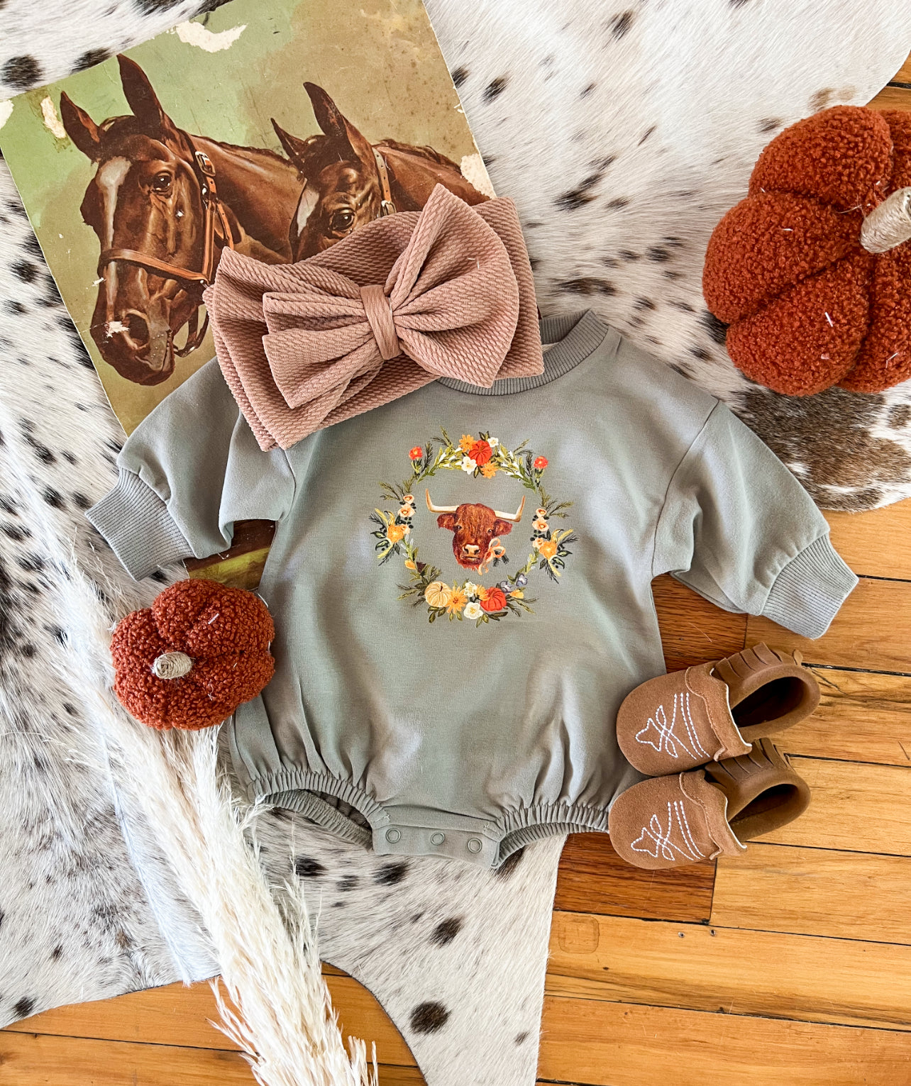 Western Floral Highland Fall Bubble Romper (green)