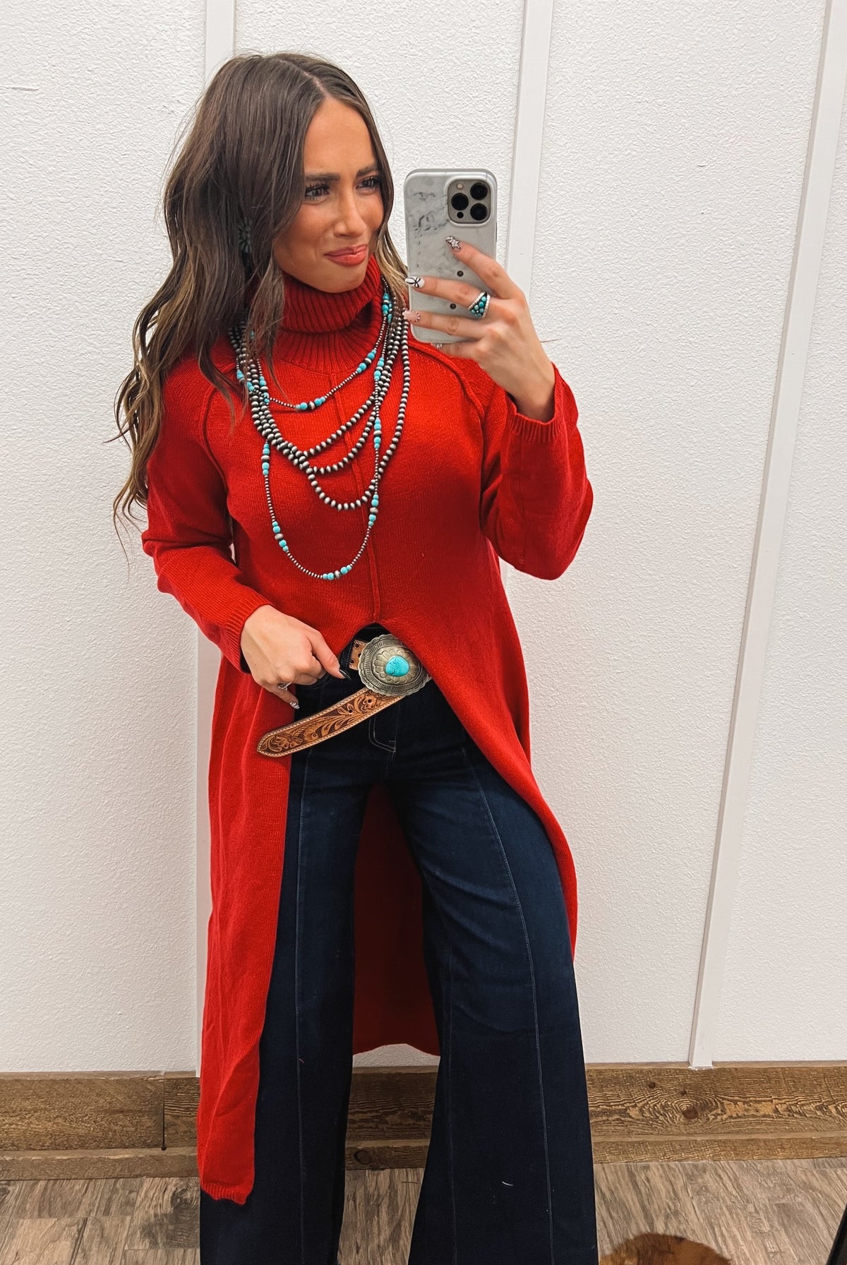 (Restocking Nov 25’)Turtle Neck Sweater Dress With Slit (Red) Tops - Sweaters