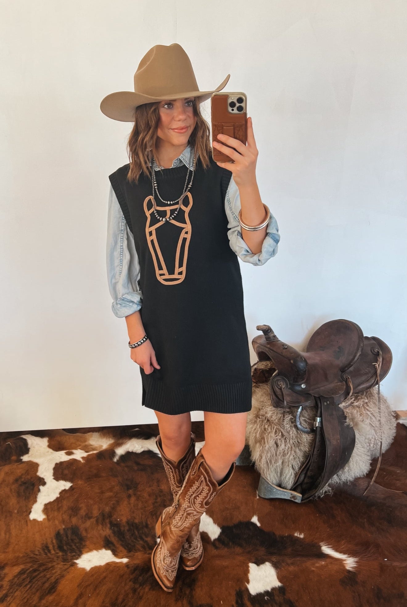 Howdy Horse Sweater Dress (Black)